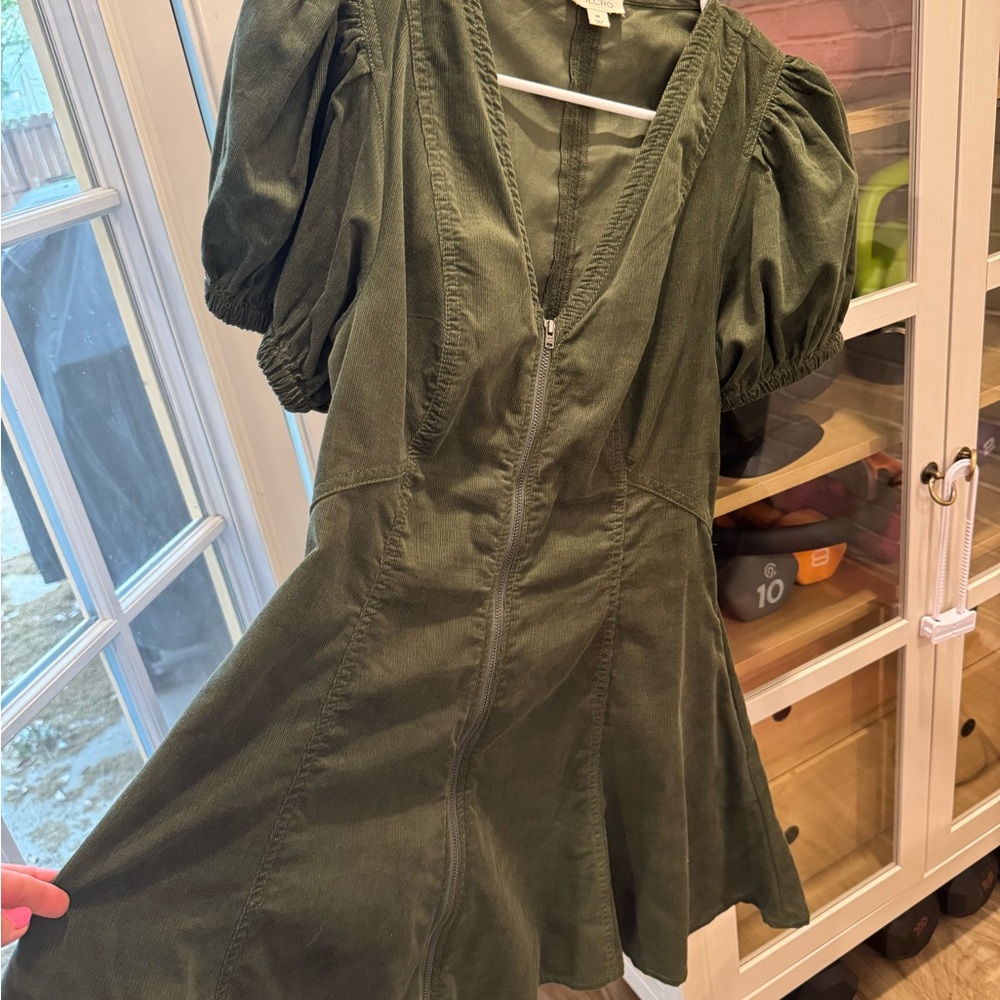 Olive Green Corduroy Puff Sleeve with Pockets Zip-Front Dress - Picture 8 of 9